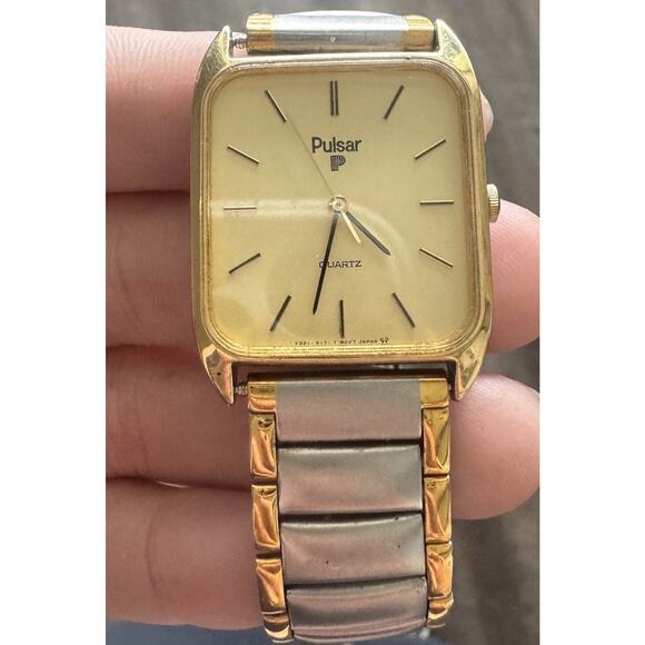 Vintage Pulsar Gold Tone Rectangular Watch Quartz NEW BATTERY Two Tone Bracelet main image 7